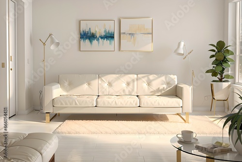 29. Modern furniture and framing. A sunlit window, sofa and ivory-colored room.
