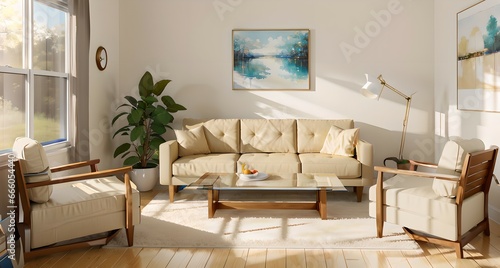 27. Modern furniture and framing. A sunlit window, sofa and ivory-colored room.