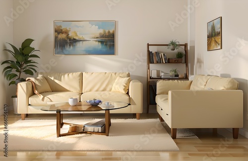 24. Modern furniture and framing. A sunlit window, sofa and ivory-colored room.