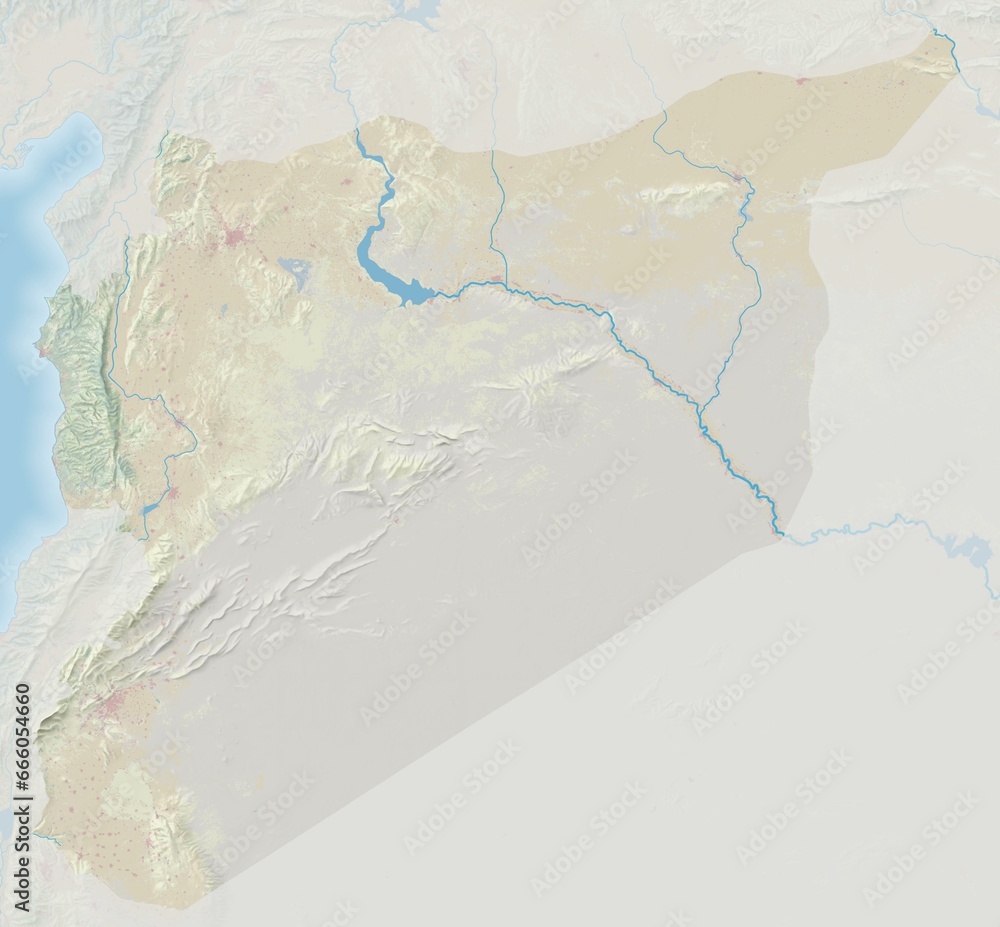 Topographic map of Syria with colored landcover	