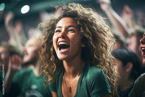 the world of soccer celebrating in a stadium showing cheering young brunette woman with long curly hairs 