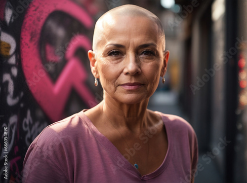 Retrato de mujer caucásica, calva, segura de sí misma, fuerte y empoderada después de sobrevivir al cáncer de mama, en la calle.  photo