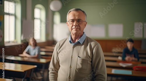 Portrait of a senior male teacher in a classroom
