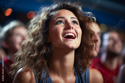 the world of soccer celebrating in a stadium showing cheering young brunette woman with long curly hairs  © bmf-foto.de