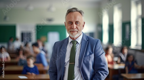 Portrait of a senior male teacher in a classroom 