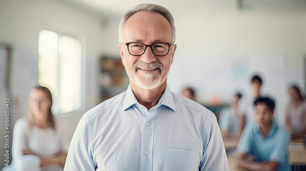 Portrait of a senior male teacher in a classroom
Portrait of a senior male teacher in a classroom