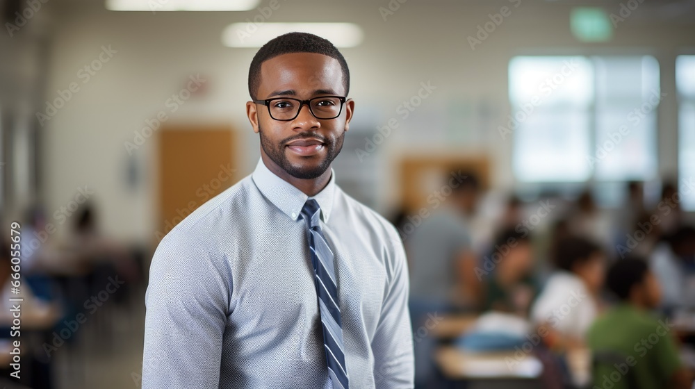 Fototapeta premium Portrait of a young African American male teacher in a classroom