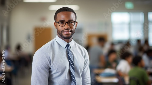 Portrait of a young African American male teacher in a classroom