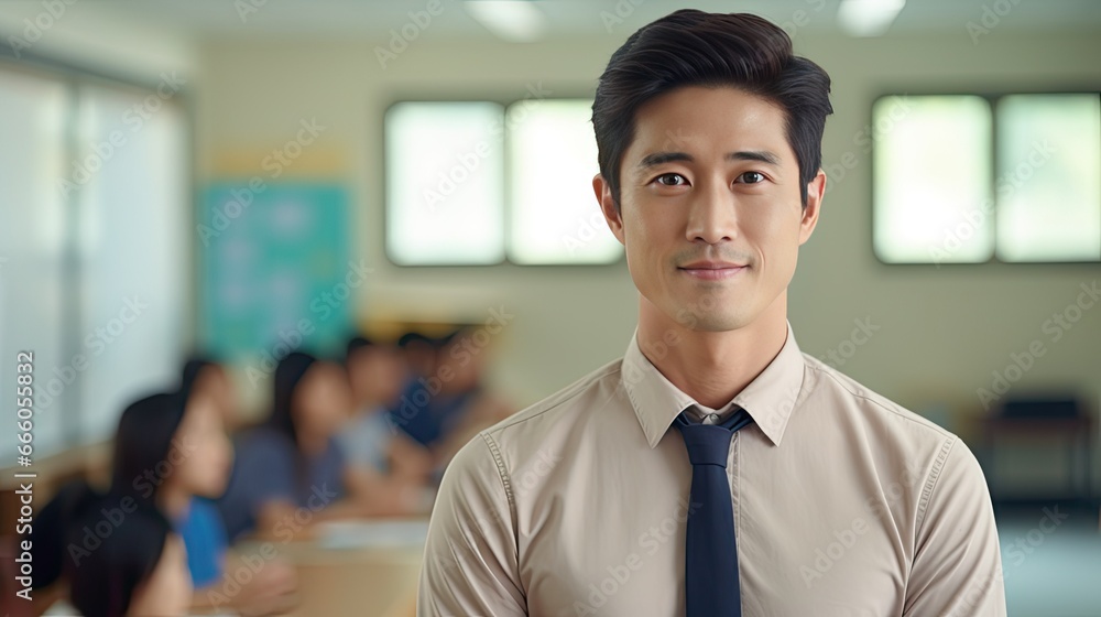 Portrait of a young Asian male teacher in a classroom Portrait of a young Asian male teacher in a classroom
