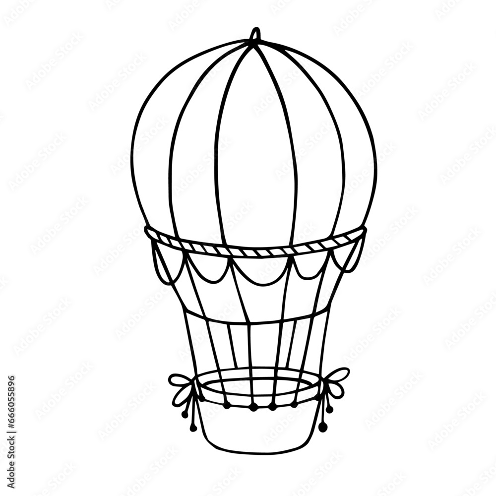 Linear sketch, coloring of a flying transport balloon. Vector graphics.