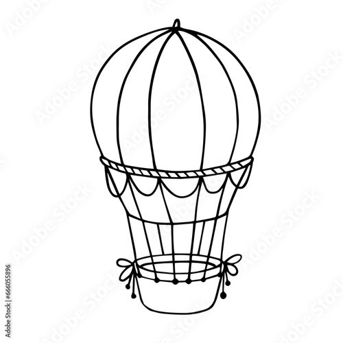 Linear sketch, coloring of a flying transport balloon. Vector graphics.