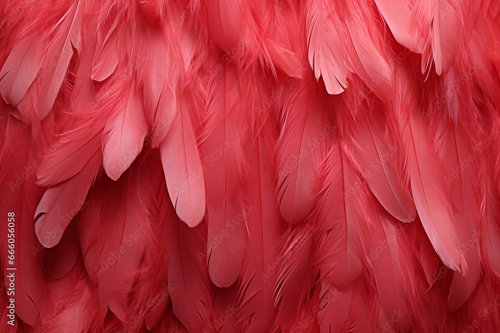 Pink feathers as background, top view,  Bird feathers texture,  Red feathers background