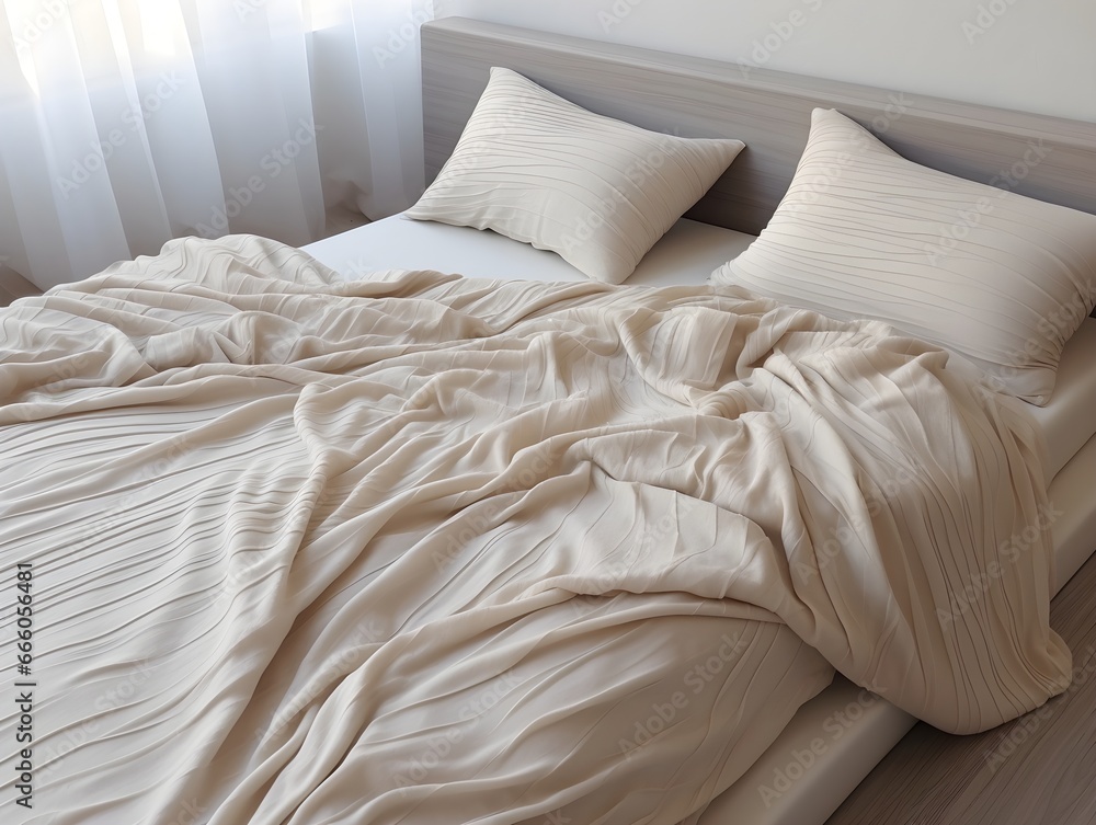Beige crinkle bedroom pillows, front view, minimalist Scandinavian interior