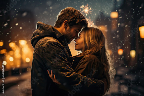 Young couple hug happy touching heads on Valentine's Day or New Year's Eve celebration, outdoors in the snowy city. Generative AI.