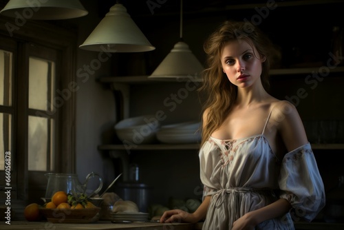 Young cute woman in kitchen in sexy dress. Vegan cuisine home food. Generate AI