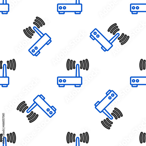Line Router and wi-fi signal icon isolated seamless pattern on white background. Wireless ethernet modem router. Computer technology internet. Colorful outline concept. Vector