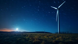 A single wind turbine against a starry night sky, Milky Way visible, long exposure
