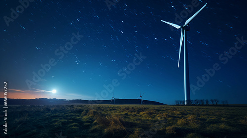 A single wind turbine against a starry night sky, Milky Way visible, long exposure © Marco Attano