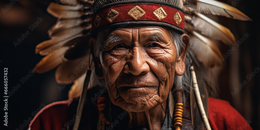 Documentary - style portrait, indigenous elder in traditional attire, natural habitat, emotionally resonant