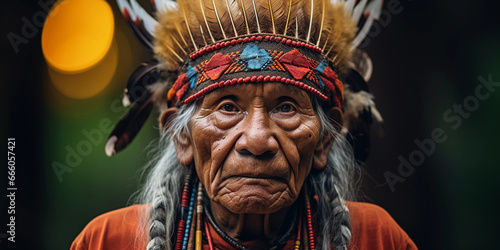 Documentary - style portrait, indigenous elder in traditional attire, natural habitat, emotionally resonant