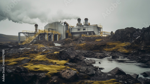 Geothermal energy plant, steaming vents, rocky terrain, shot during overcast day