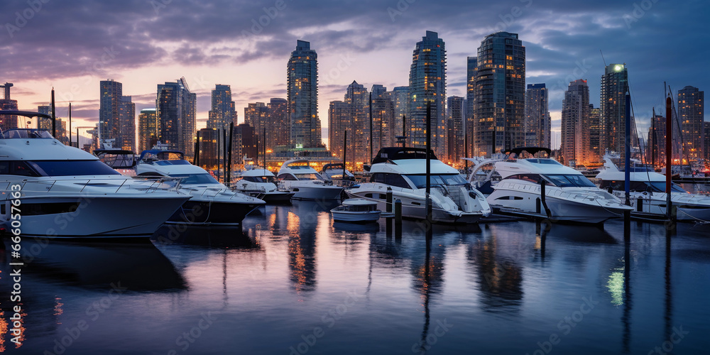 Obraz premium Multiple yachts docked at a high - end marina, sky transitioning from sunset to twilight, city skyline in the background