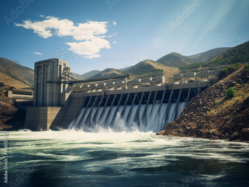 Hydroelectric dam, powerful water flow, distant mountains, captured during sunny day