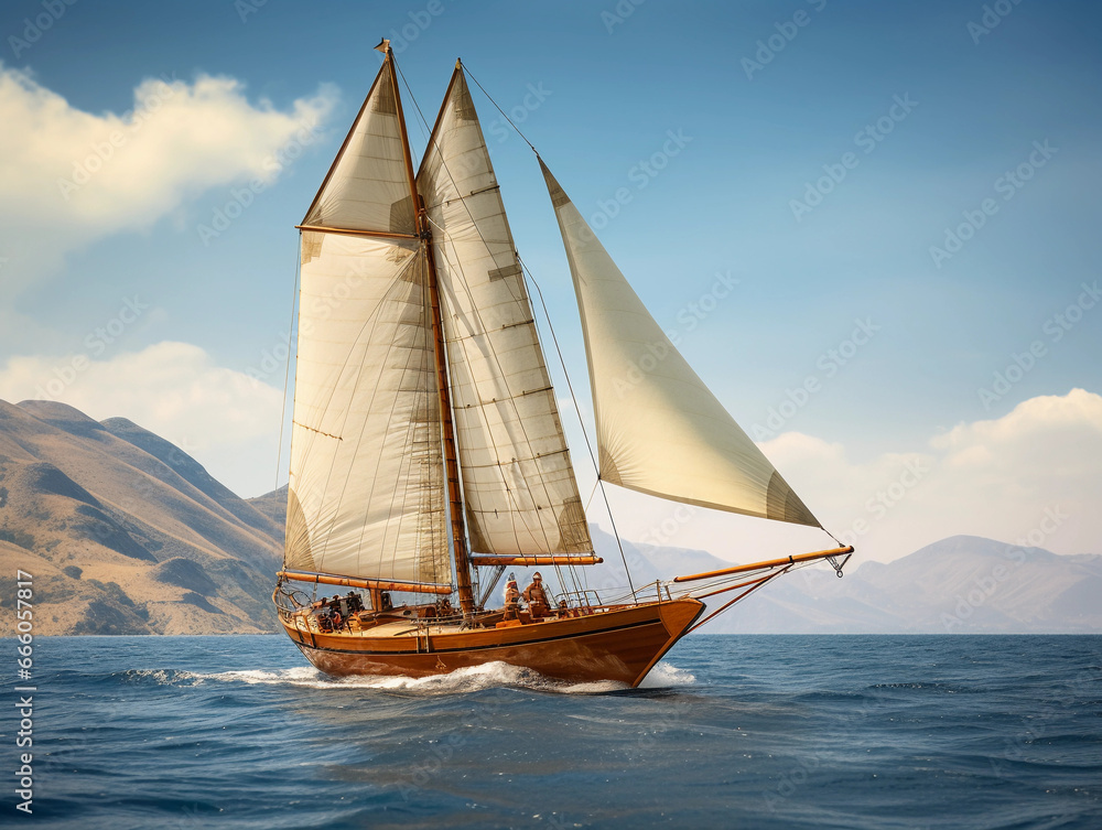 Vintage wooden yacht with varnished teak deck, sailing with full sails, nostalgic feel