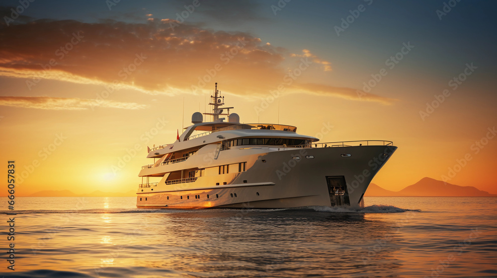 A luxurious yacht sailing against a golden sunset, reflections on calm waters, light glinting off champagne glasses on deck, ethereal atmosphere A luxurious yacht sailing against a golden sunset, reflections on calm waters, light glinting off champagne glasses on deck, ethereal atmosphere