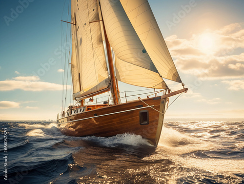 Vintage wooden yacht with varnished teak deck, sailing with full sails, nostalgic feel