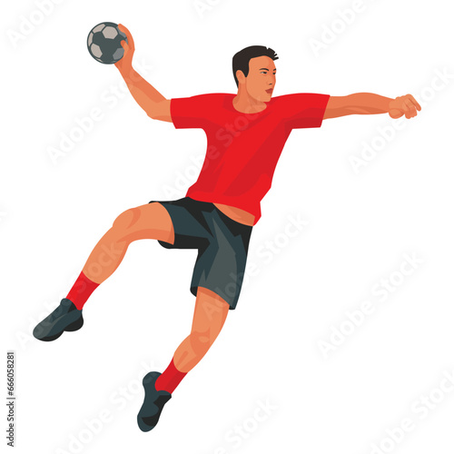 Asian handball player in a red sports uniform jumps high to throw the ball