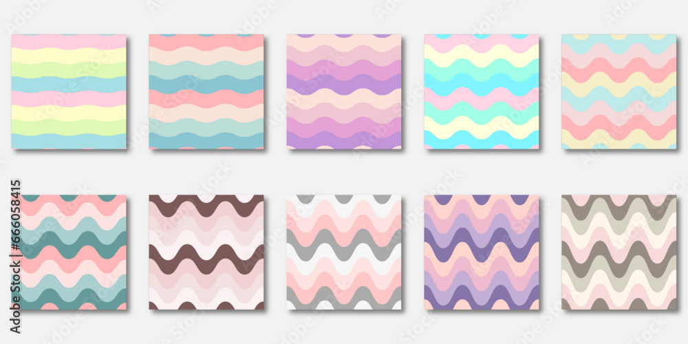 set of 10 wave seamless patterns in pastel color. abstract, background, wallpaper, wave pattern, pastel colors, vector design