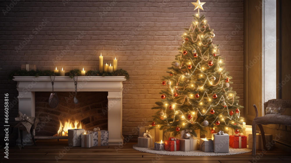 Decorated Christmas room with beautiful fir tree. Generative Ai