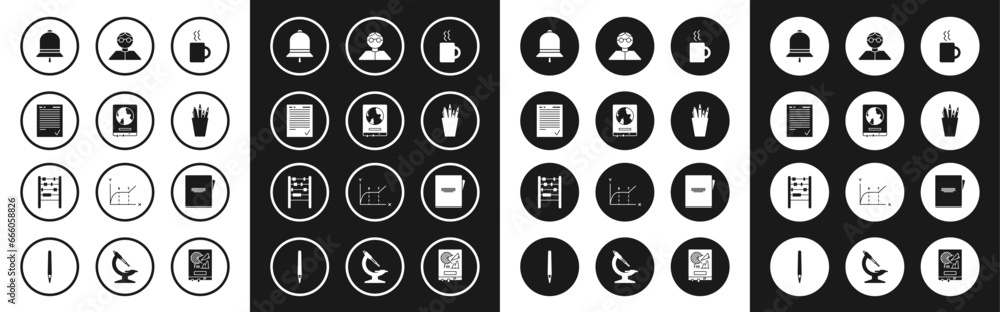 Set Coffee cup, World map on a school blackboard, Exam sheet with check mark, Ringing bell, Pencil case stationery, Student, Notebook and Abacus icon. Vector Set Coffee cup, World map on a school blackboard, Exam sheet with check mark, Ringing bell, Pencil case stationery, Student, Notebook and Abacus icon. Vector