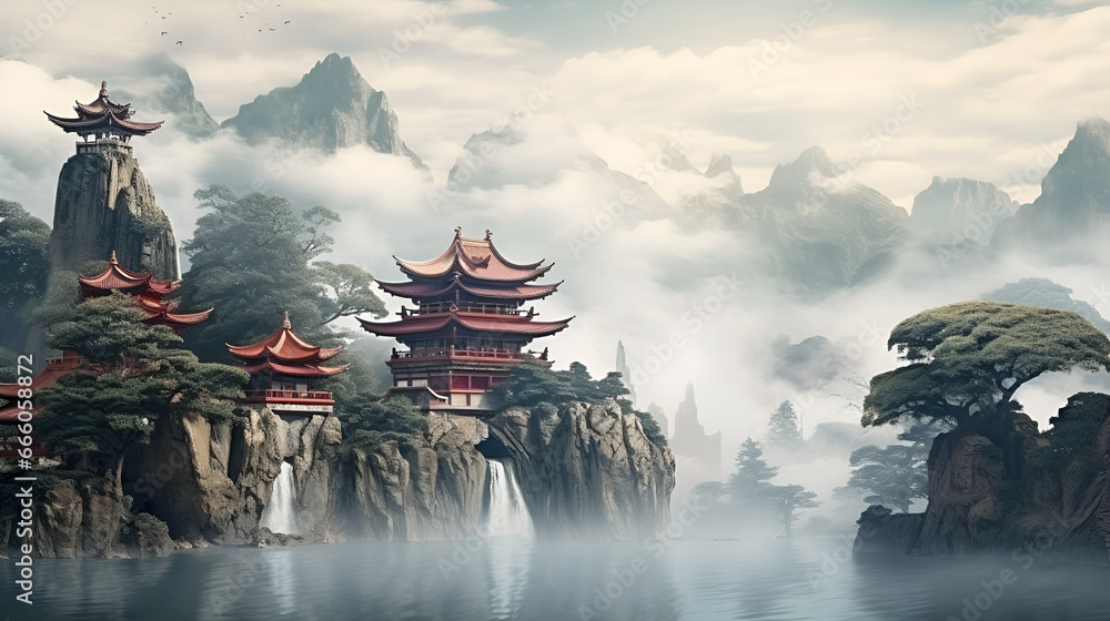 chinese landschape with temples and waterfalls - obrazy, fototapety, plakaty 