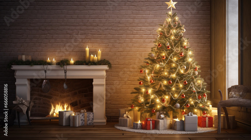 Decorated Christmas room with beautiful fir tree. Generative Ai