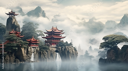 chinese landschape with temples and waterfalls photo