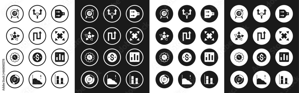 Set Arrow, Many ways directional arrow, Target, Pie chart infographic and Wrench and gear icon. Vector