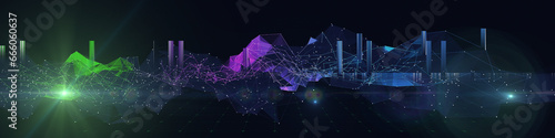 Abstract background color graph from chaotic polygons and blurred lines on blue. Technology concept data grid. Big Data. Banner for business, science and technology data analytics.