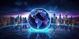 Connected world. Blue global technology network. Futuristic digital earth. Tech concept. Enhanced planet. Networking design. Cyberspace illumination. Digital globe connection