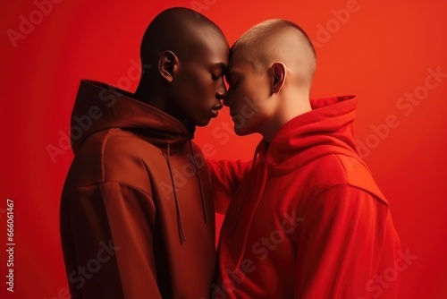 gay multiracial couple kissing isolated on red background