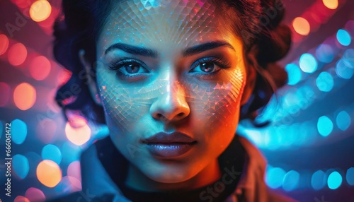 Artistic Extreme Close-Up of Cyberpunk Woman with Polygon Skin Fusion