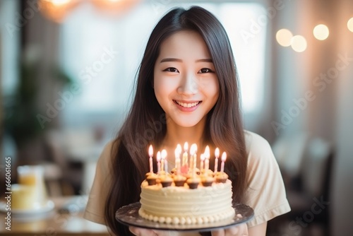 an asian woman blowing out the candles on his birthday cake with a pink background