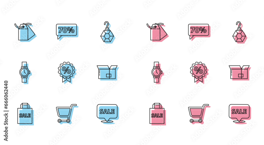 Set line Shoping bag with Sale, Shopping cart, Blank label template price tag, Hanging sign, Discount percent, Carton cardboard box, Wrist watch and Seventy discount icon. Vector Set line Shoping bag with Sale, Shopping cart, Blank label template price tag, Hanging sign, Discount percent, Carton cardboard box, Wrist watch and Seventy discount icon. Vector