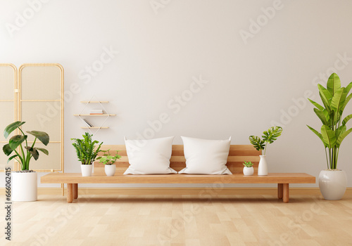 Wood chair in white living room interior with copy space for mock up 3D rendering