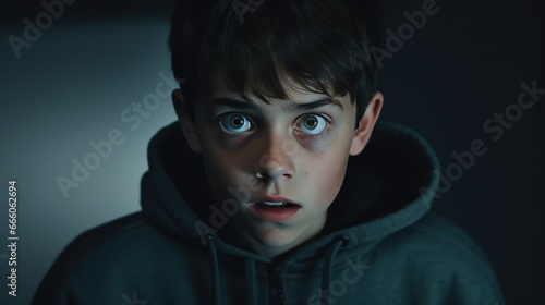 Scared Boy Looking at the Camera Isolated on the Minimalist Background 