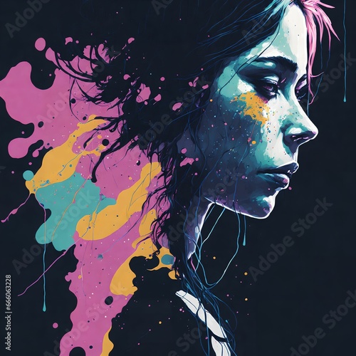 Portrait of a beautiful young woman with paint splashes on her face.