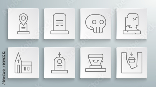 Set line Church building, Grave with tombstone, Coffin, grave, Skull, Old and Location icon. Vector