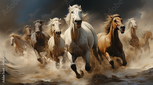 Horses herd run in desert sand storm against dramatic sky.