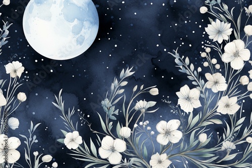 A nostalgic seamless pattern featuring a moon  painted with watercolors. Generative AI